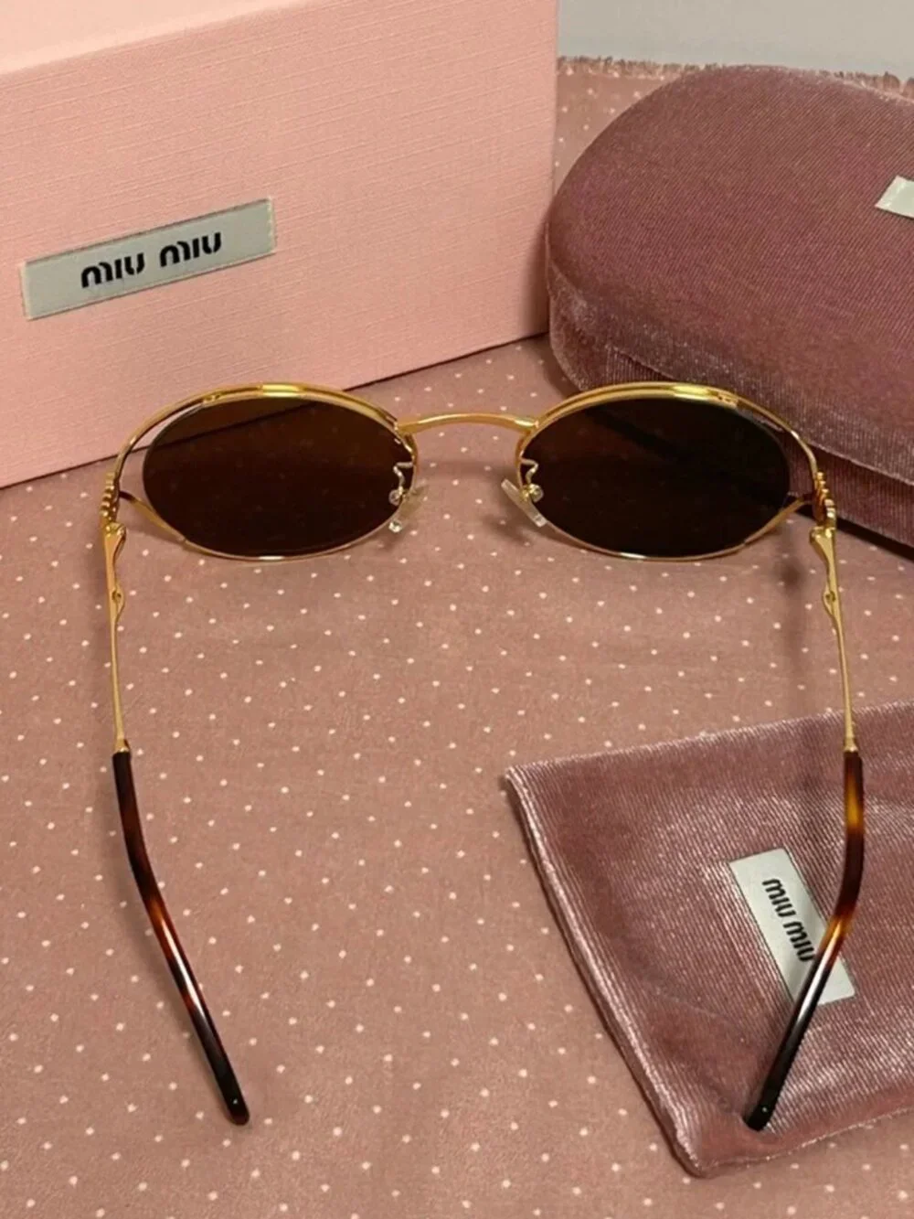 Miu Miu Gold Round Metal Sunglasses with Dark Lenses